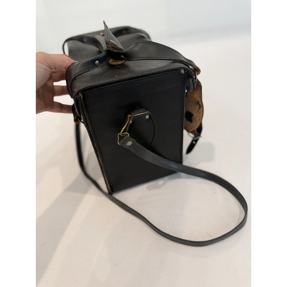 Vintage Large Black Leather Camera Hard Case w/ compartments & handle Japan Y2K